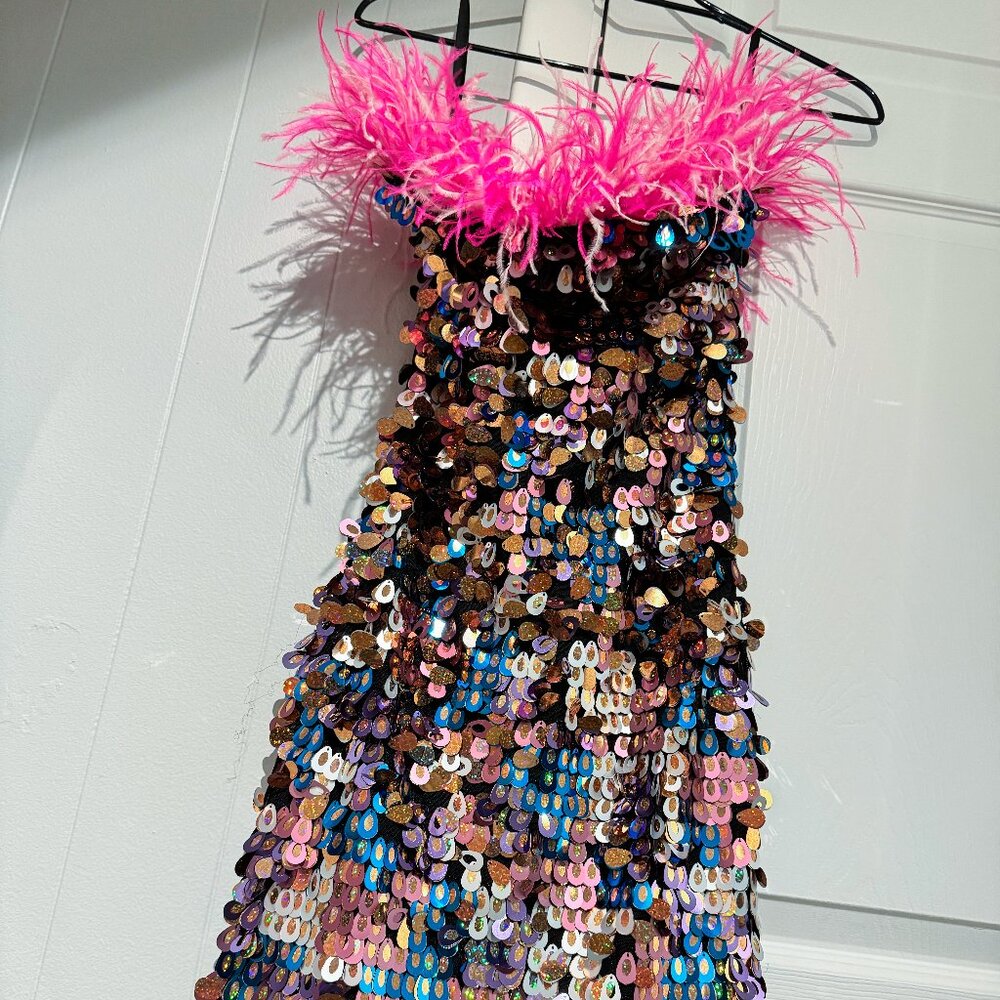Sequin Mini Dress with Feather Trim